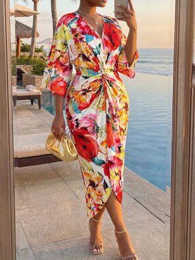Multicolor Boho Women's Plus Size Elegant Floral Print Fitted Dress